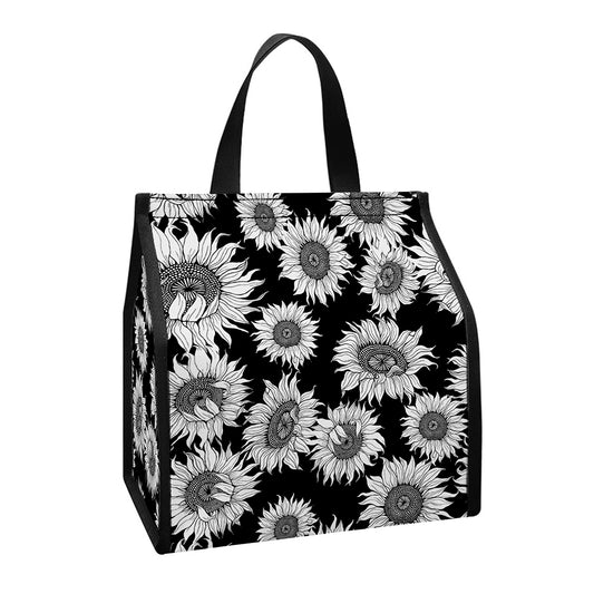 Black And White Sunflower Pattern Print Insulated Lunch Tote