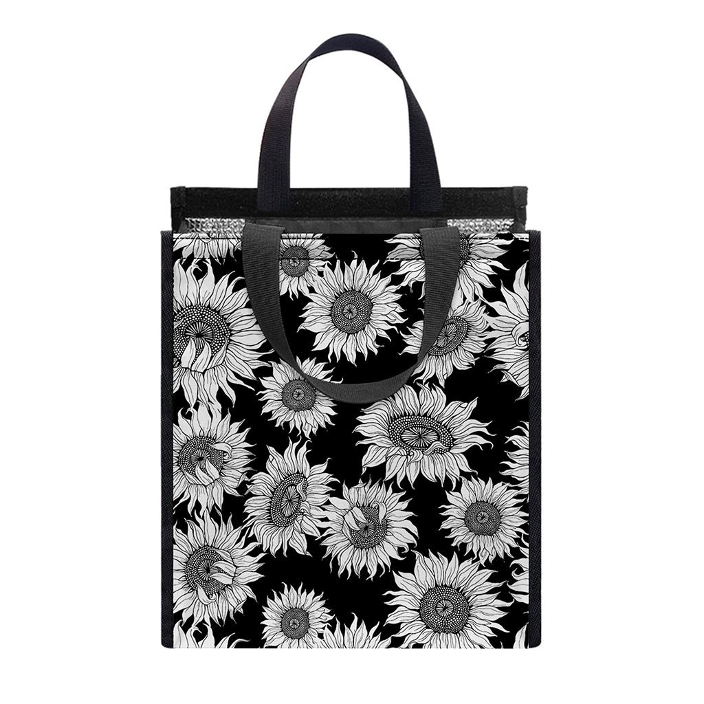 Black And White Sunflower Pattern Print Insulated Lunch Tote