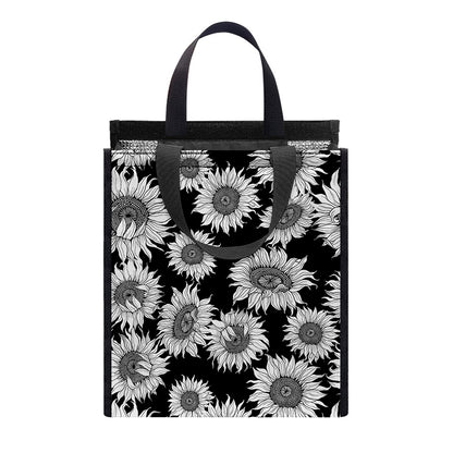 Black And White Sunflower Pattern Print Insulated Lunch Tote
