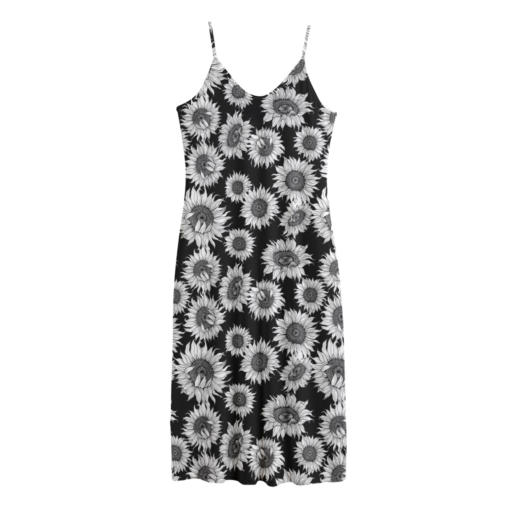 Black And White Sunflower Pattern Print Jersey Midi Cami Dress