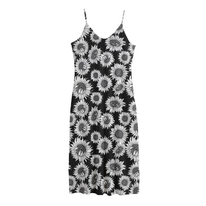 Black And White Sunflower Pattern Print Jersey Midi Cami Dress