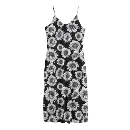 Black And White Sunflower Pattern Print Jersey Midi Cami Dress