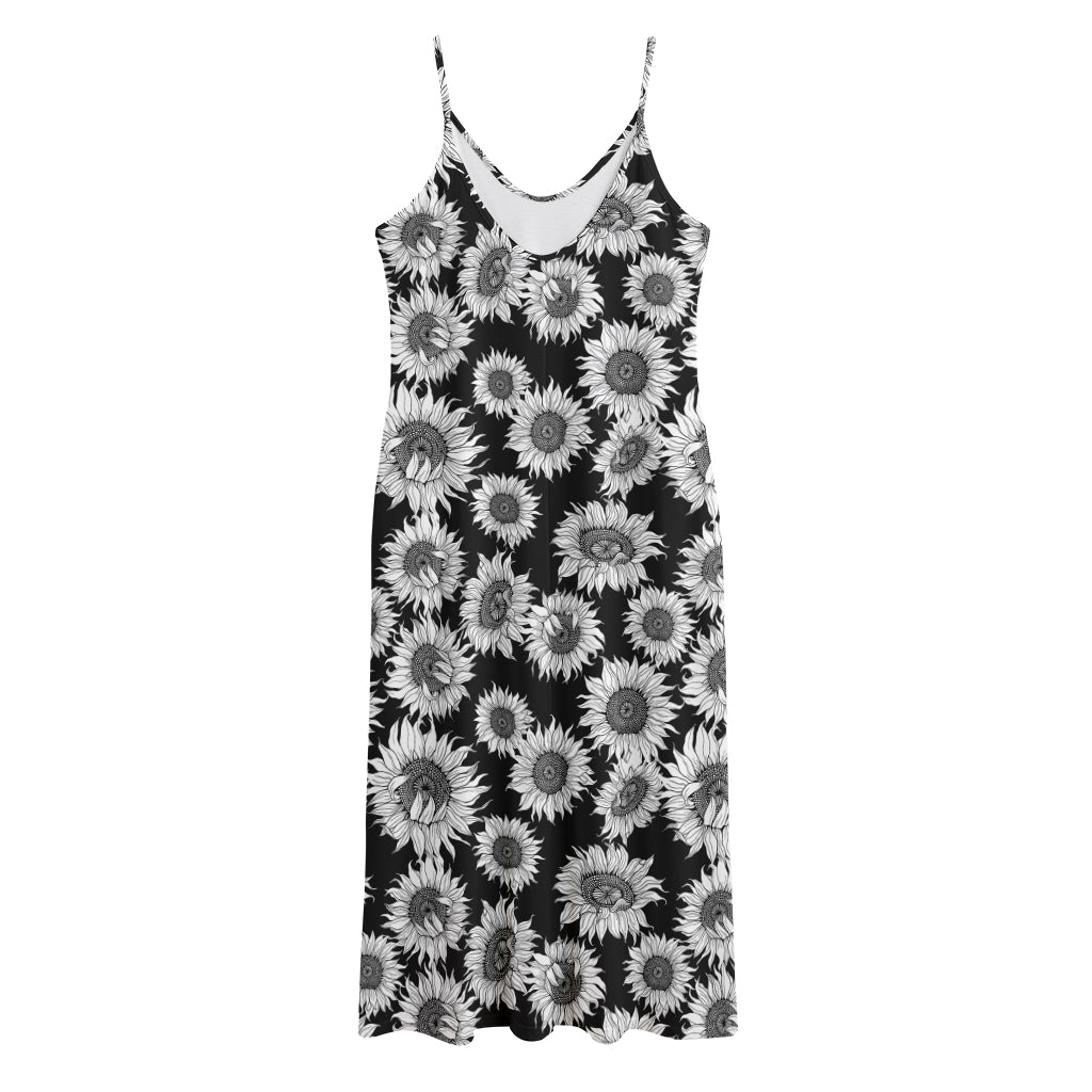 Black And White Sunflower Pattern Print Jersey Midi Cami Dress