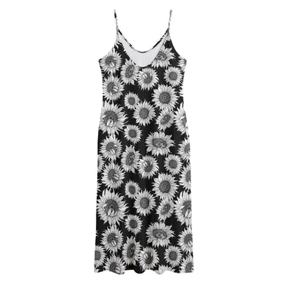 Black And White Sunflower Pattern Print Jersey Midi Cami Dress