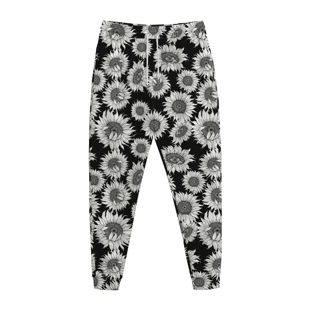 Black And White Sunflower Pattern Print Jogger Pants
