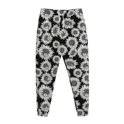 Black And White Sunflower Pattern Print Jogger Pants