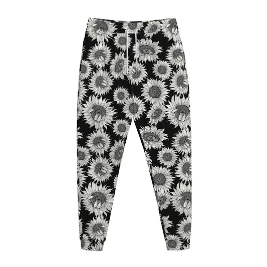 Black And White Sunflower Pattern Print Jogger Pants