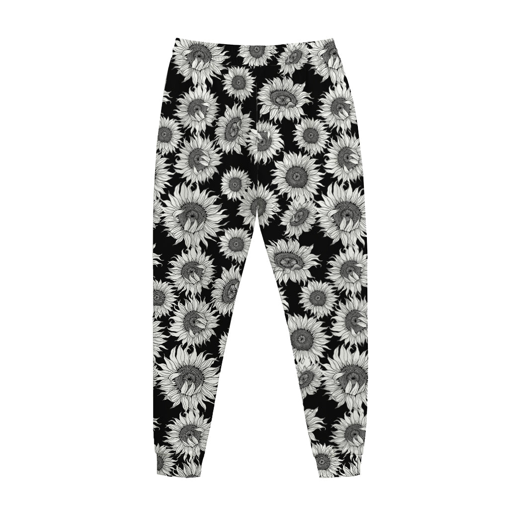 Black And White Sunflower Pattern Print Jogger Pants