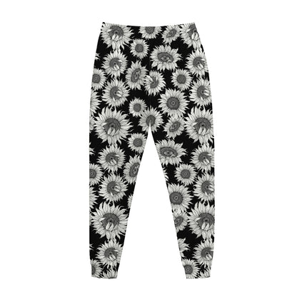 Black And White Sunflower Pattern Print Jogger Pants