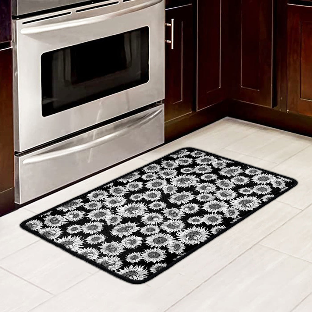 Black And White Sunflower Pattern Print Kitchen Mat