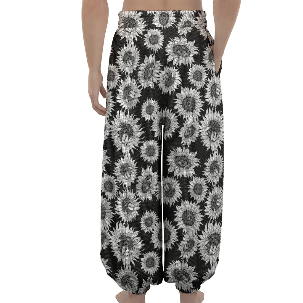 Black And White Sunflower Pattern Print Lantern Pants