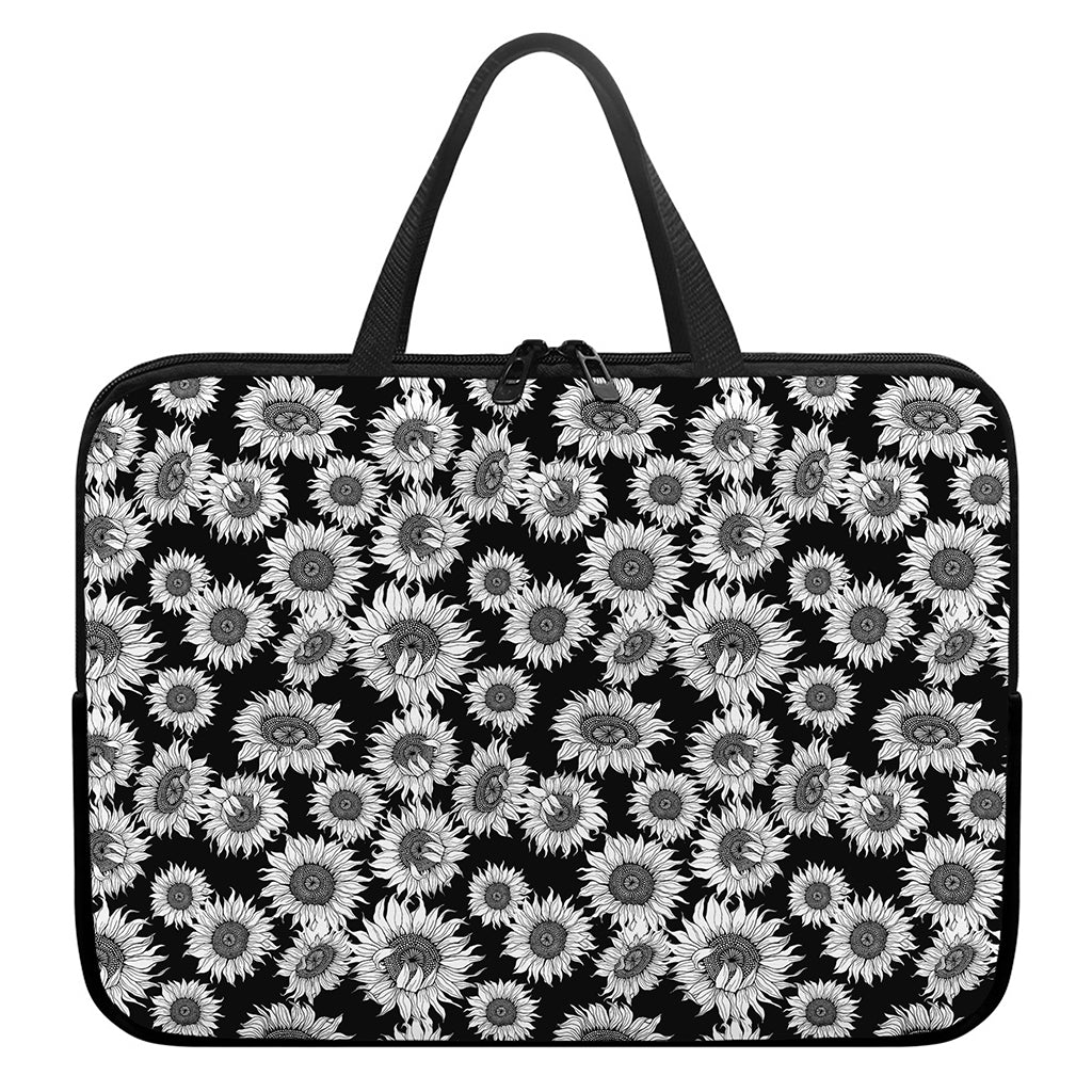 Black And White Sunflower Pattern Print Laptop Sleeve With Handle