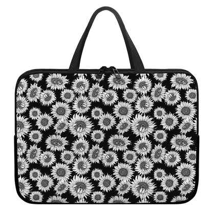 Black And White Sunflower Pattern Print Laptop Sleeve With Handle