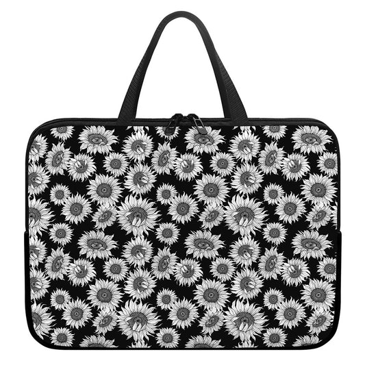 Black And White Sunflower Pattern Print Laptop Sleeve With Handle