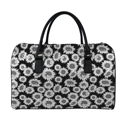 Black And White Sunflower Pattern Print Leather Duffle Bag