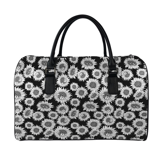 Black And White Sunflower Pattern Print Leather Duffle Bag