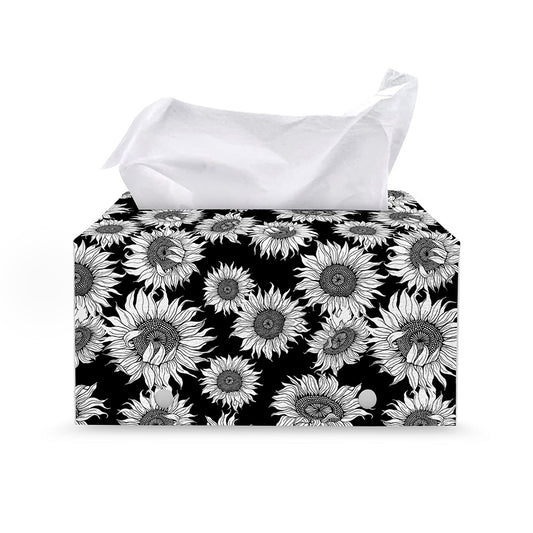 Black And White Sunflower Pattern Print Leather Tissue Box Cover