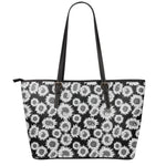 Black And White Sunflower Pattern Print Leather Tote Bag