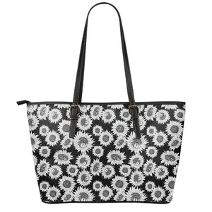 Black And White Sunflower Pattern Print Leather Tote Bag