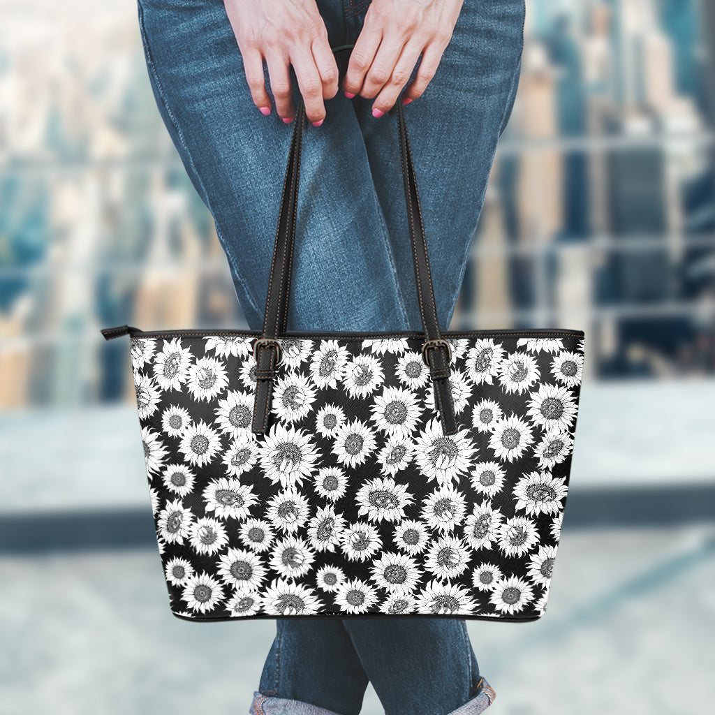 Black And White Sunflower Pattern Print Leather Tote Bag