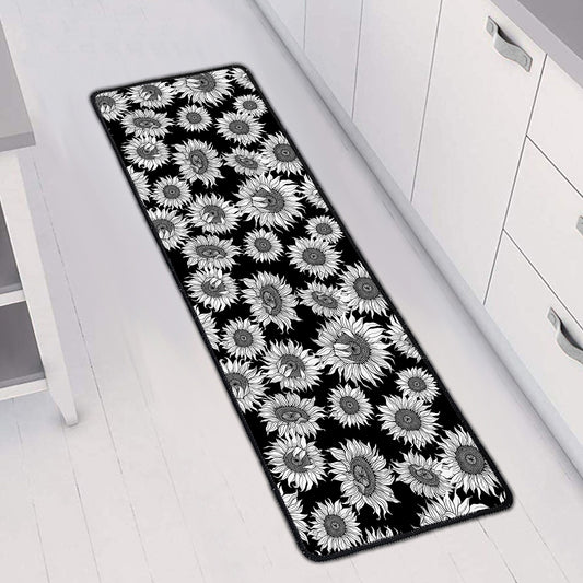 Black And White Sunflower Pattern Print Long Kitchen Mat