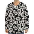 Black And White Sunflower Pattern Print Long Sleeve Baseball Jersey