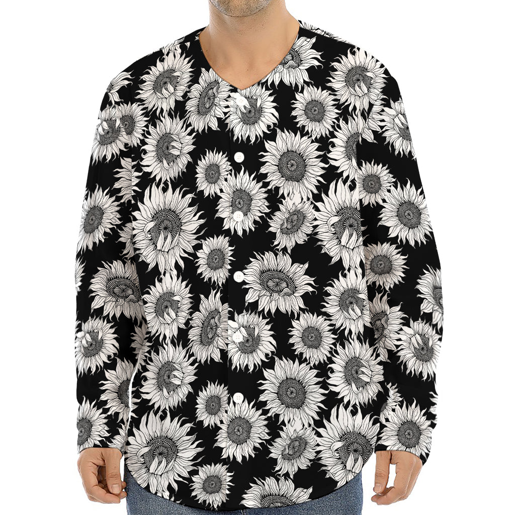 Black And White Sunflower Pattern Print Long Sleeve Baseball Jersey