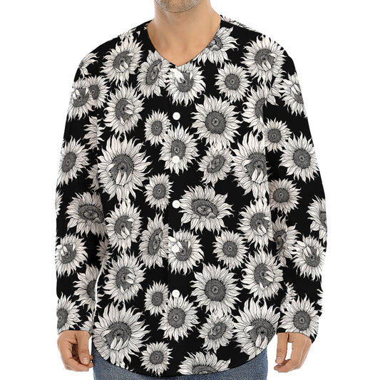 Black And White Sunflower Pattern Print Long Sleeve Baseball Jersey