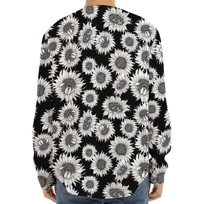Black And White Sunflower Pattern Print Long Sleeve Baseball Jersey