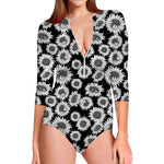 Black And White Sunflower Pattern Print Long Sleeve Swimsuit