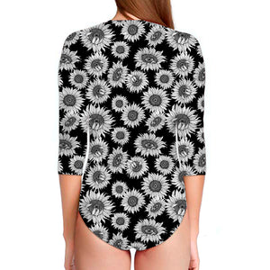 Black And White Sunflower Pattern Print Long Sleeve Swimsuit