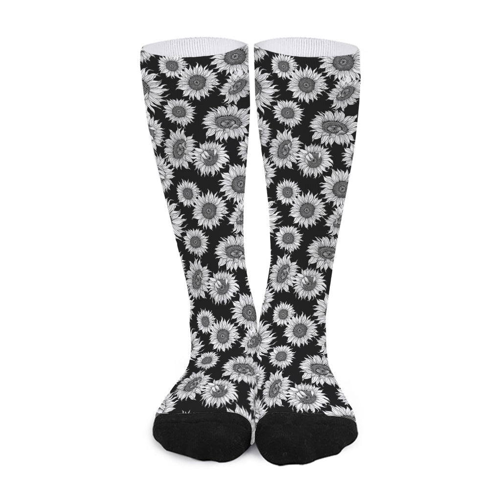 Black And White Sunflower Pattern Print Long Socks