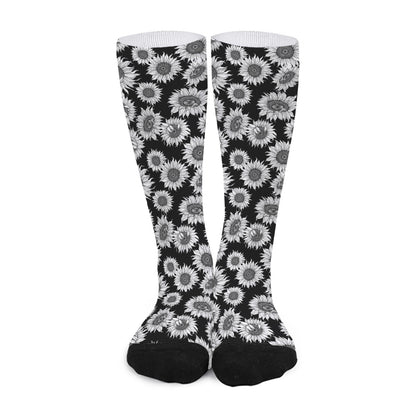 Black And White Sunflower Pattern Print Long Socks