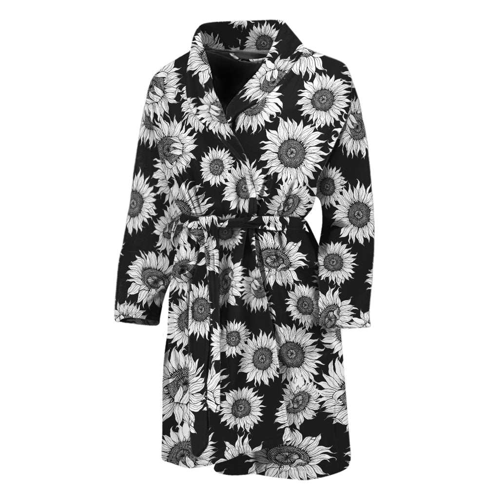 Black And White Sunflower Pattern Print Men's Bathrobe