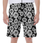 Black And White Sunflower Pattern Print Men's Beach Shorts