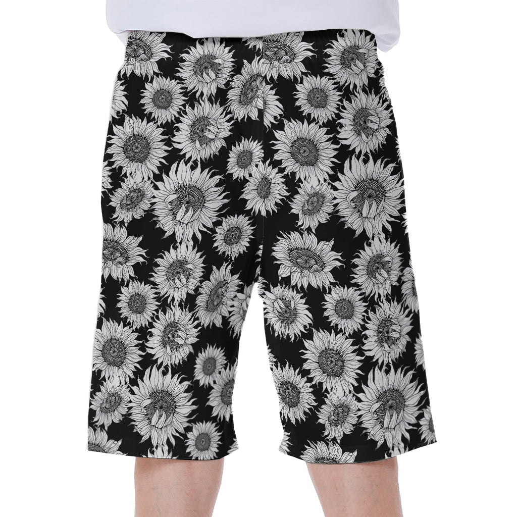 Black And White Sunflower Pattern Print Men's Beach Shorts