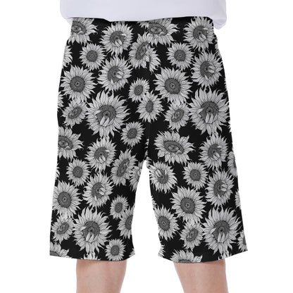 Black And White Sunflower Pattern Print Men's Beach Shorts