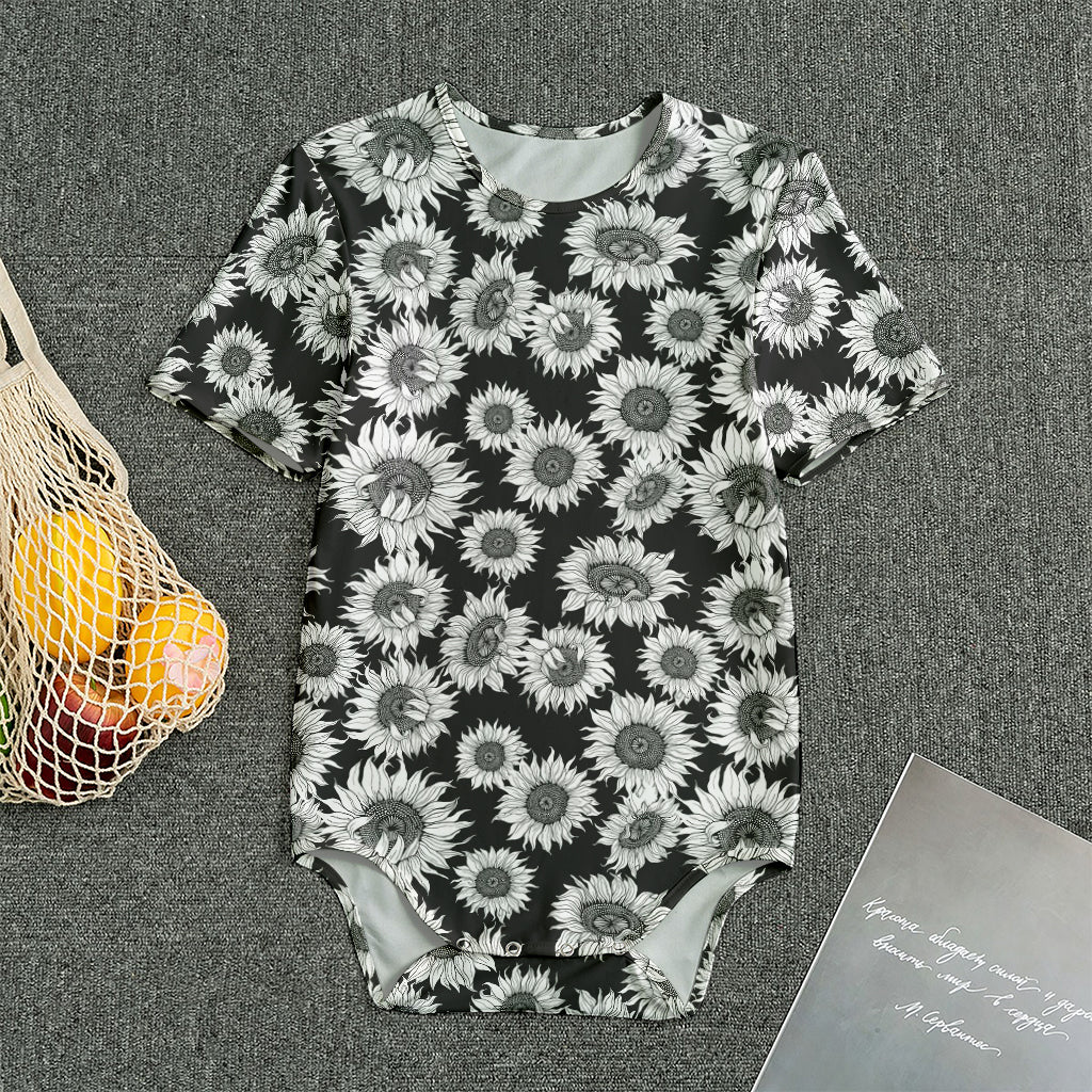 Black And White Sunflower Pattern Print Men's Bodysuit