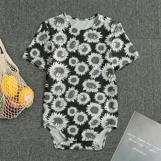 Black And White Sunflower Pattern Print Men's Bodysuit