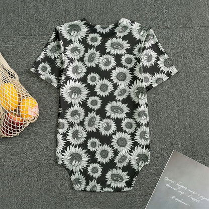 Black And White Sunflower Pattern Print Men's Bodysuit