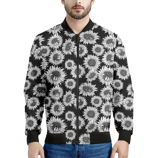 Black And White Sunflower Pattern Print Men's Bomber Jacket
