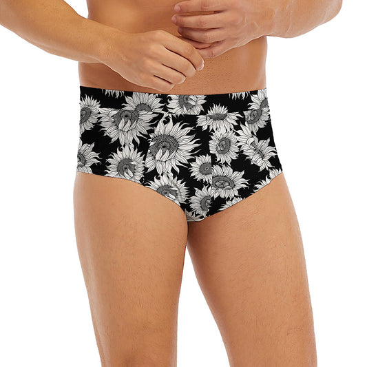 Black And White Sunflower Pattern Print Men's Briefs