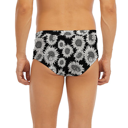 Black And White Sunflower Pattern Print Men's Briefs