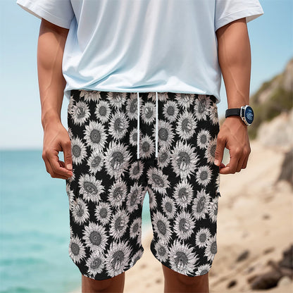 Black And White Sunflower Pattern Print Men's Cargo Shorts