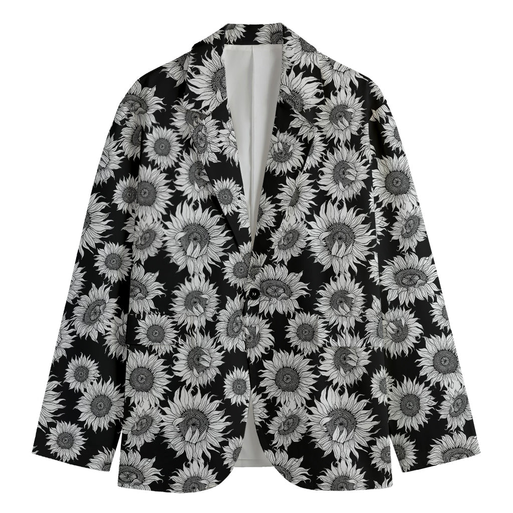 Black And White Sunflower Pattern Print Men's Cotton Blazer