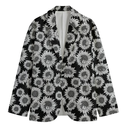 Black And White Sunflower Pattern Print Men's Cotton Blazer