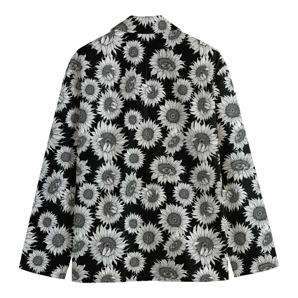 Black And White Sunflower Pattern Print Men's Cotton Blazer