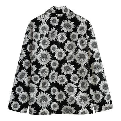 Black And White Sunflower Pattern Print Men's Cotton Blazer