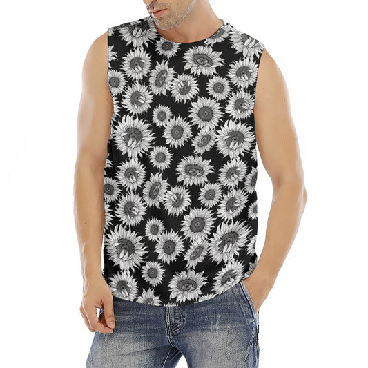 Black And White Sunflower Pattern Print Men's Fitness Tank Top
