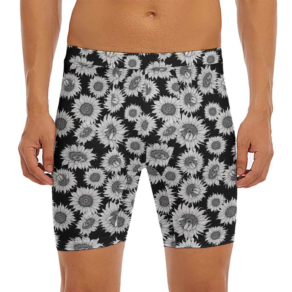 Black And White Sunflower Pattern Print Men's Long Boxer Briefs
